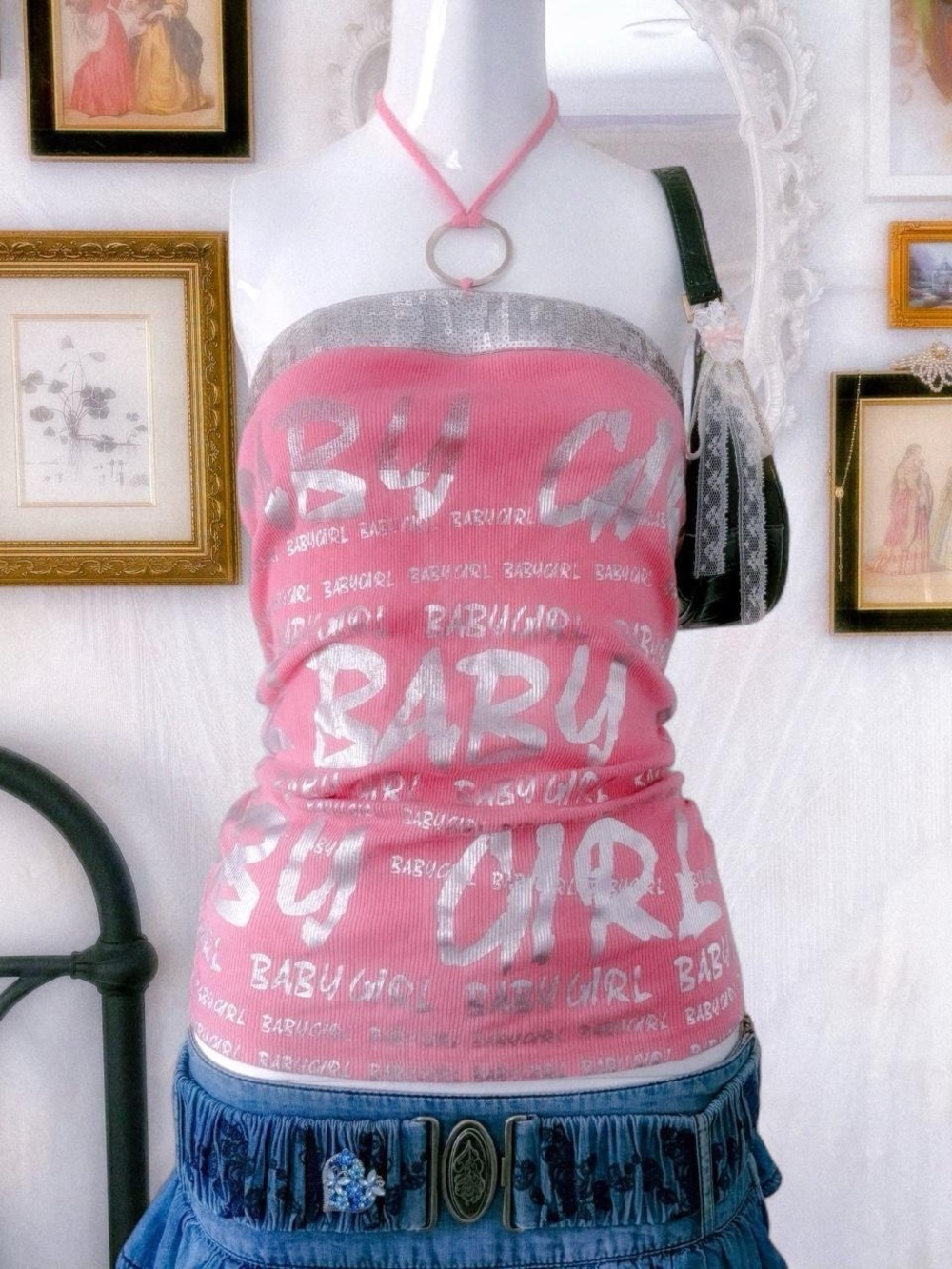 Y2K McBling baby girl graphic sequin o-ring pink halter top